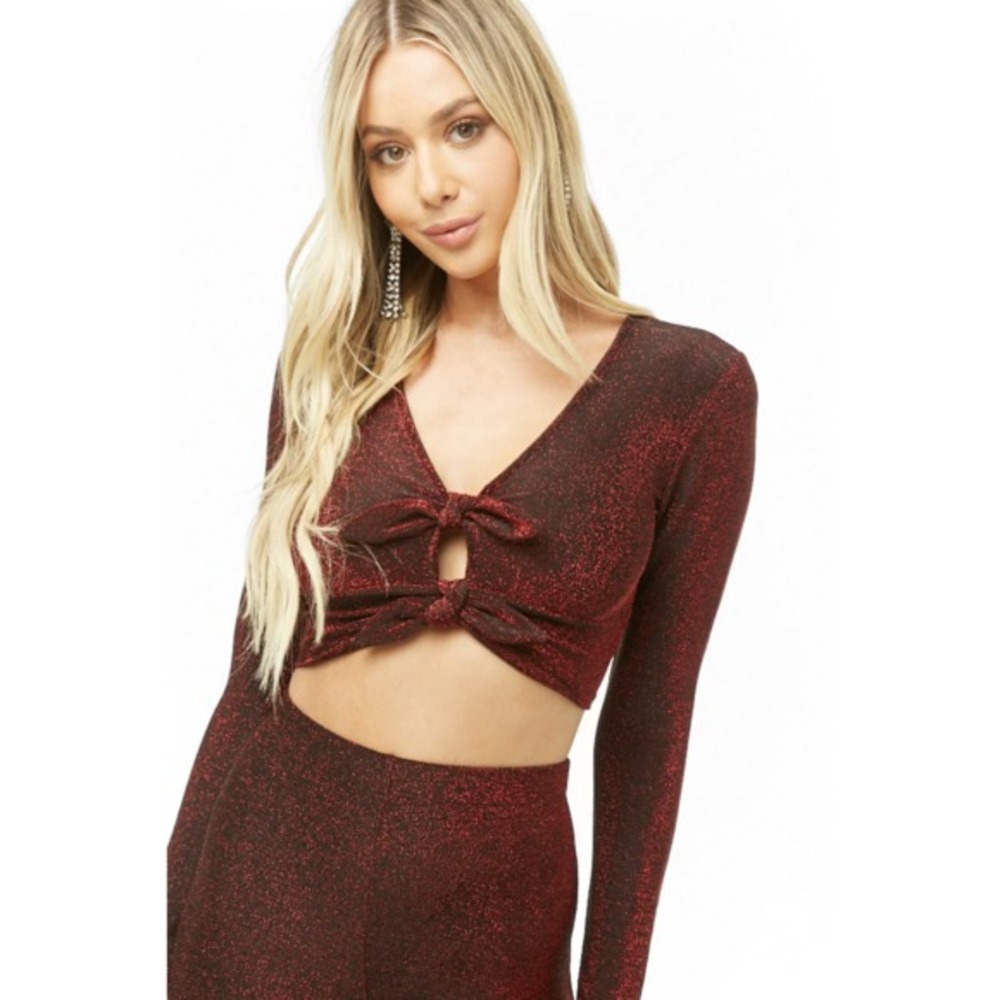FOREVER 21 Metallic Knit Bow Knot-Front Crop Top